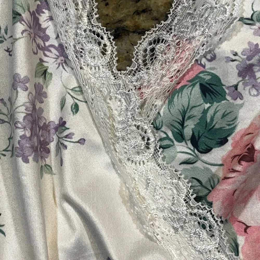 Floral Halter Nightgown Pink Rose Print Lace Trim Satin Sleep Dress‎ Cream Small